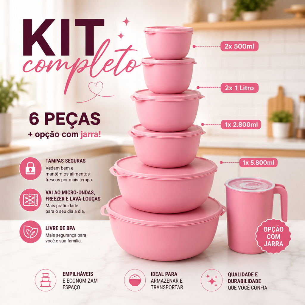 Kit de 6 bowls BPA Free e opcao com jarra 1,8L
