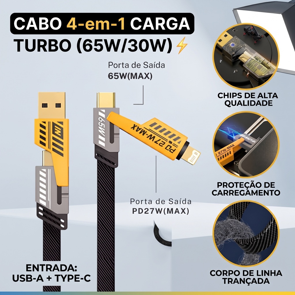 Cabo 4 em 1 Carregador 65W PD USB-C Lightning USB Tipo C Carregamento Rápido Nylon Trançado para Android e iPhone