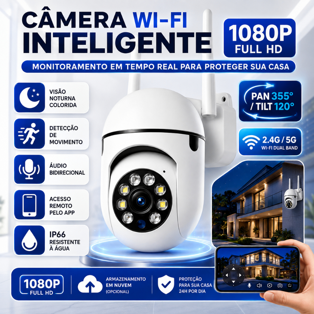KIT 2 Câmera de Segurança WiFi Externa 1080P PTZ IP66 Visão Noturna Áudio Bidirecional App