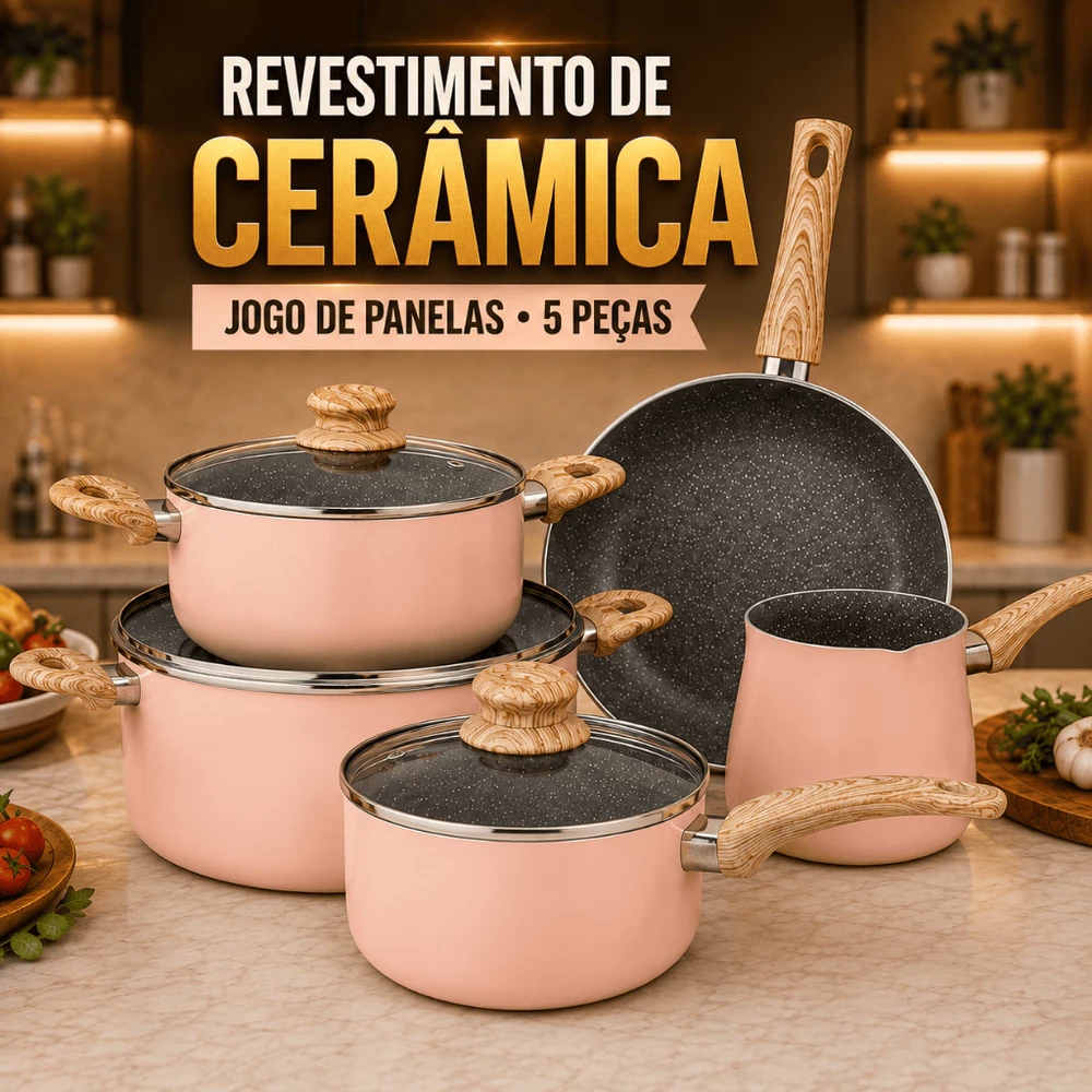 Jogo De Panelas Rosa 5 Peças Antiaderente Cerâmica Indução Gás Fundo Triplo
