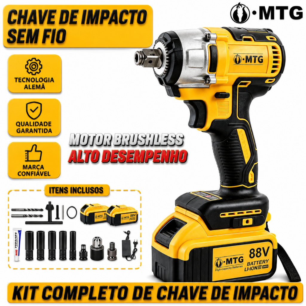 Chave de Impacto Profissional 88V Torque 450Nm Kit com 2 Baterias 2.0Ah Li-Ion Motor de Cobre Puro 3250 RPM