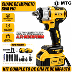 Chave de Impacto Profissional 88V Torque 450Nm Kit com 2 Baterias 2.0Ah Li-Ion Motor de Cobre Puro 3250 RPM