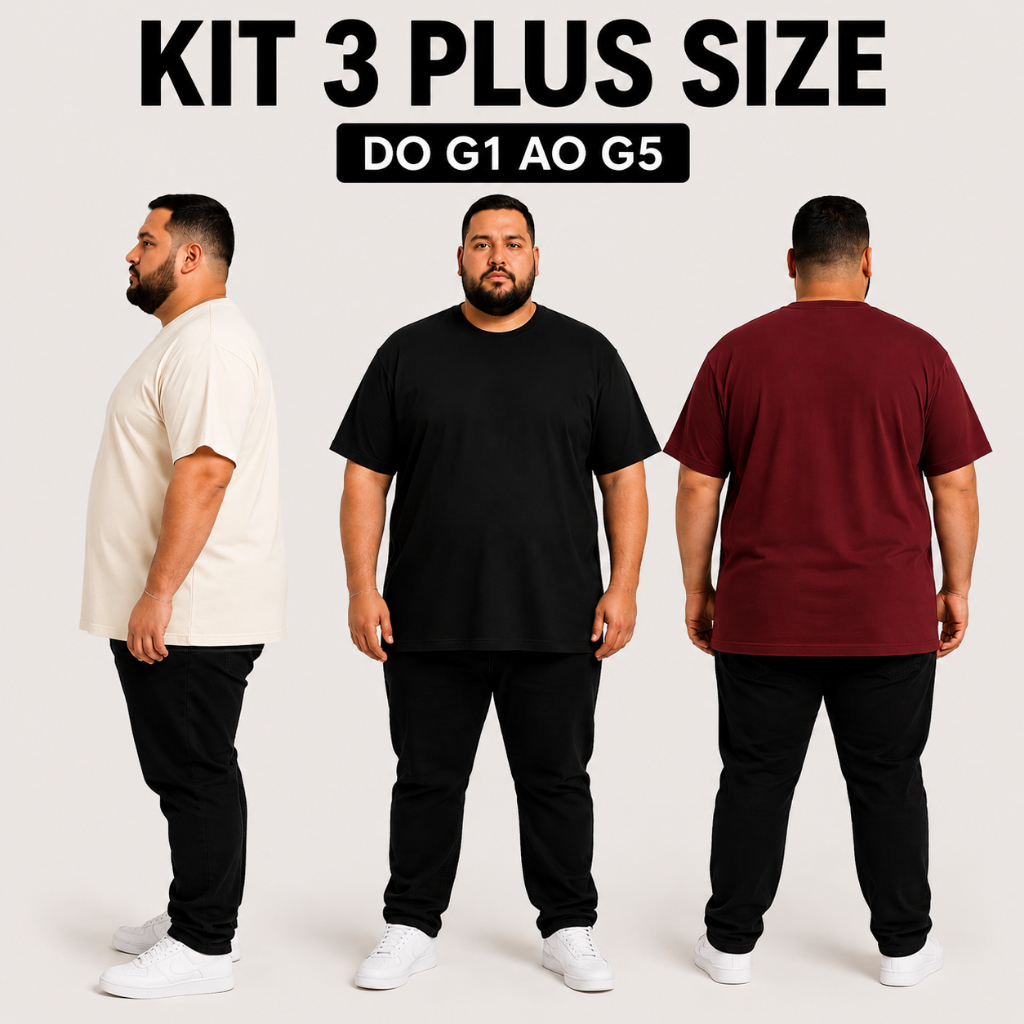 Kit 3 Camiseta Básica Plus Size Do G1 ao G5 Masculino e Feminina Casual 100% Algodão Sem Estampa