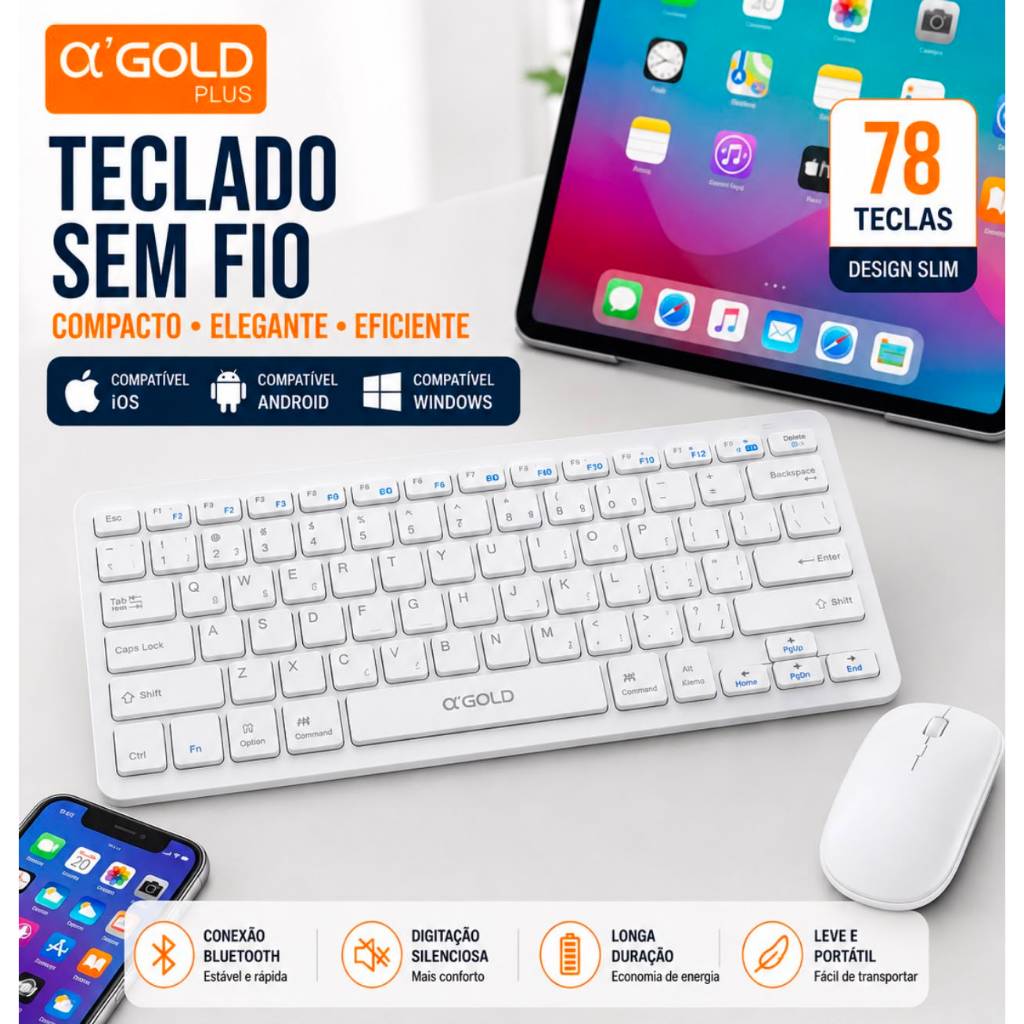 Teclado Sem Fio α’GOLD PLUS TCD-05 78Teclas Bluetooth Compacto Portátil para Notebook Tablet Celular Windows Android iOS