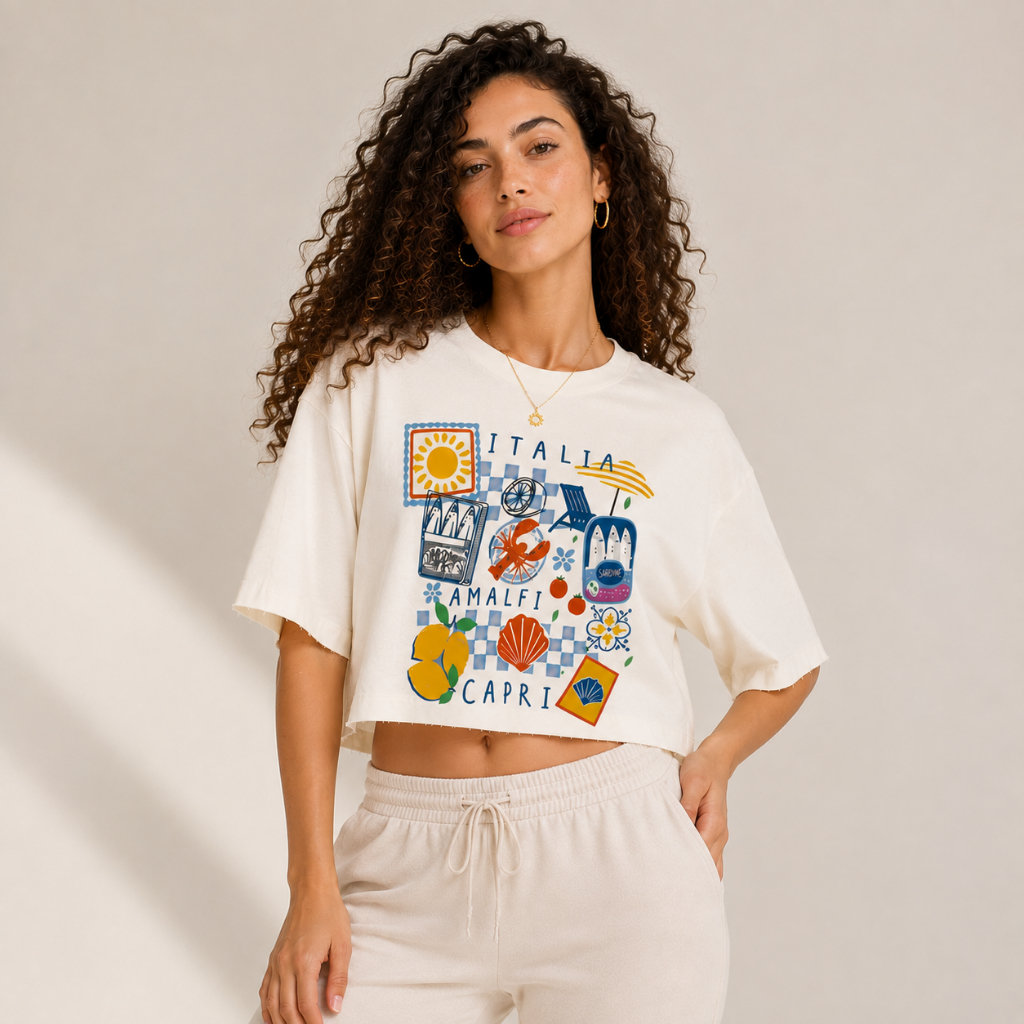 Cropped Oversized Feminino Itália Amalfi Capri Estampado 100% Algodão Casual