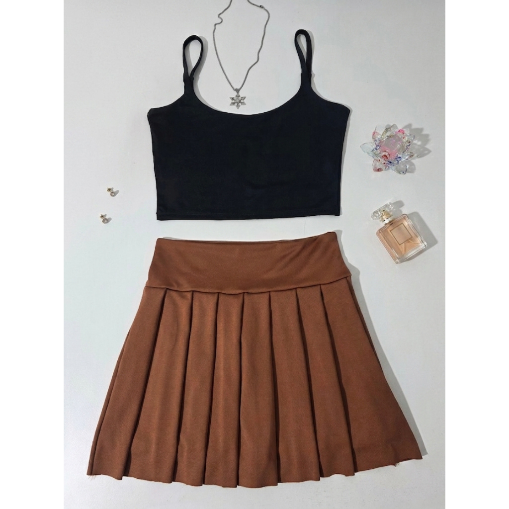 Conjunto Feminino Fitness Top Cropped Short Saia Suplex Forrado Plissado Premium Academia Verão