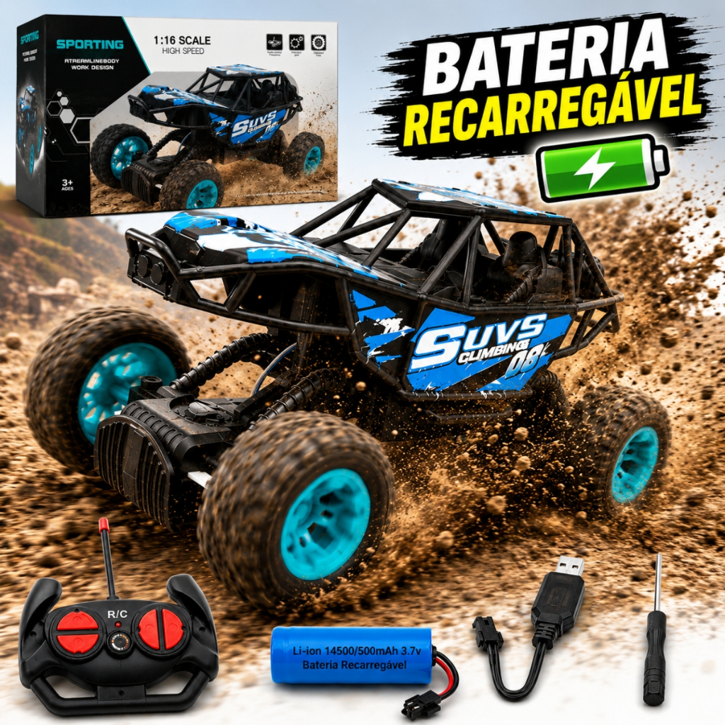 Carrinho Controle Remoto Grande Off Road Jipe SUV Rally 1:16 Recarregável com Luz Brinquedo Menino Pratitudo Toys