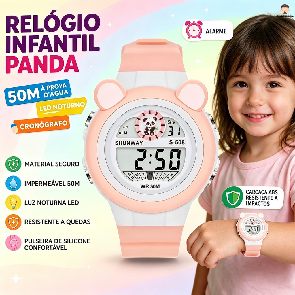 Relógio Infantil Feminino Rosa Digital À Prova D'Água Para Menina Criança Presente Infantil