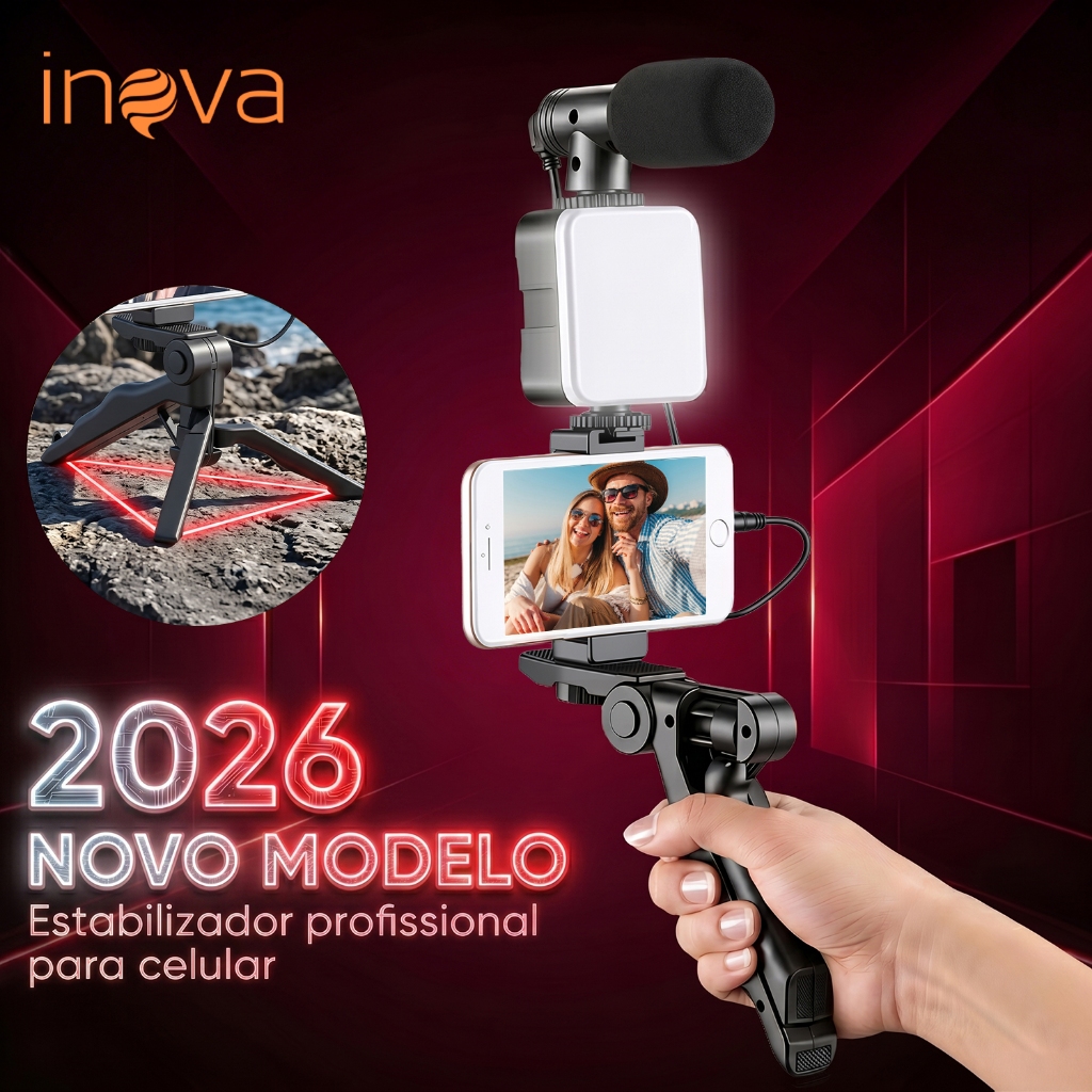 INOVA 6 em 1 Kit Vlog para Celular com Tripé Microfone Luz LED 49 LEDs Gimbal Controle Bluetooth Suporte Smartphone