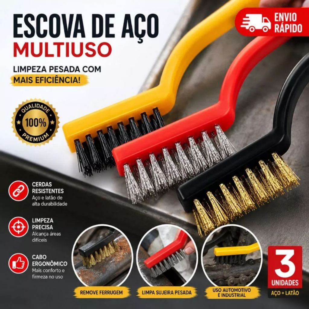 Escovas para Limpeza Profunda Kit 3 Unidades Aço Cobre Nylon Cabo Ergonômico para Ferrugem Gordura e Incrustações