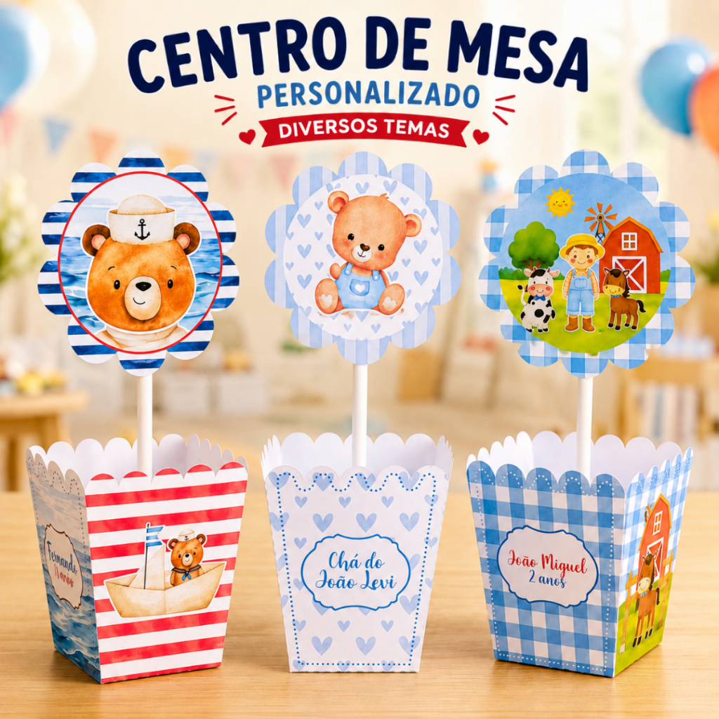 Kit Centro De Mesa Personalizado Festa Infantil Aniversário com Nome Idade Decoração Lembrancinha Vários Temas Crianças