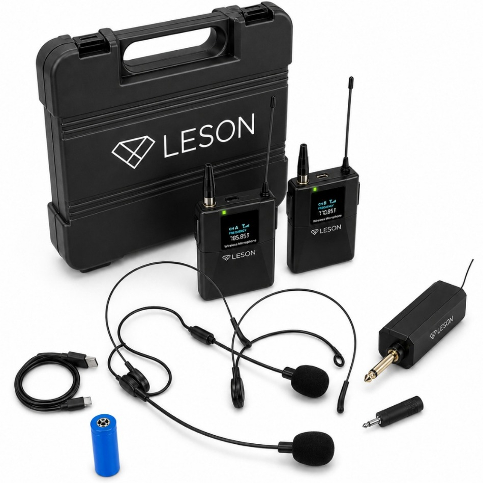 Kit 2 Microfones Headset Sem Fio Leson MIC PRO 2.0H P10 Bodypack Receptor Recarregável com Maleta para Professor e Culto