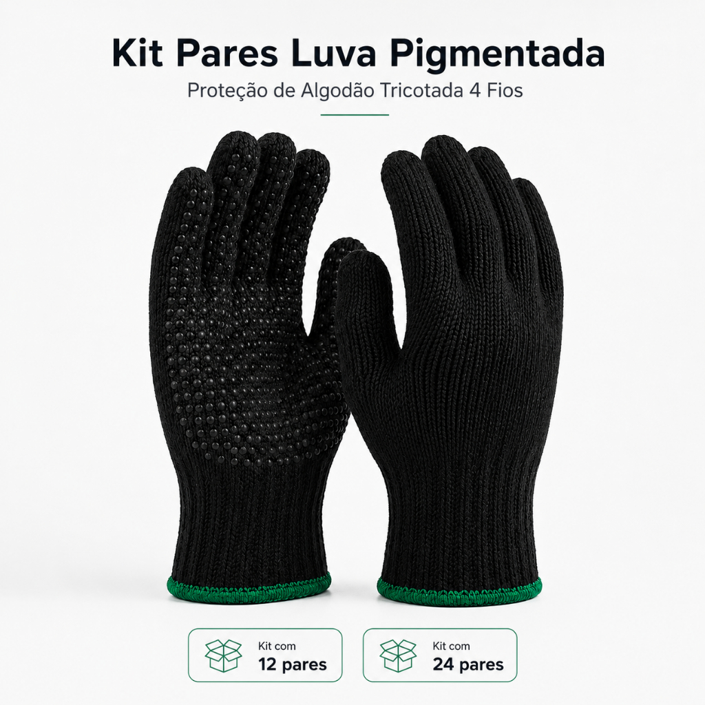 Kit 12 ou 24 Pares Luva Pigmentada 4 Fios Algodão para Trabalho Construção e Mecânica
