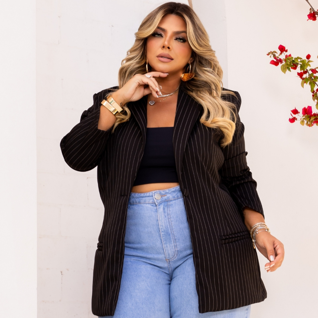 Blazer Feminino Alfaiataria Risca De Giz Plus Size Terninho