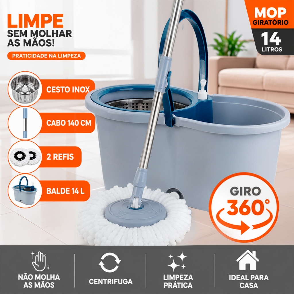 Mop Giratorio Com cabo de 140 Cm Cesto Em Inox 2 Refis - Balde com Centrífuga 14L e Cabo Reforçado