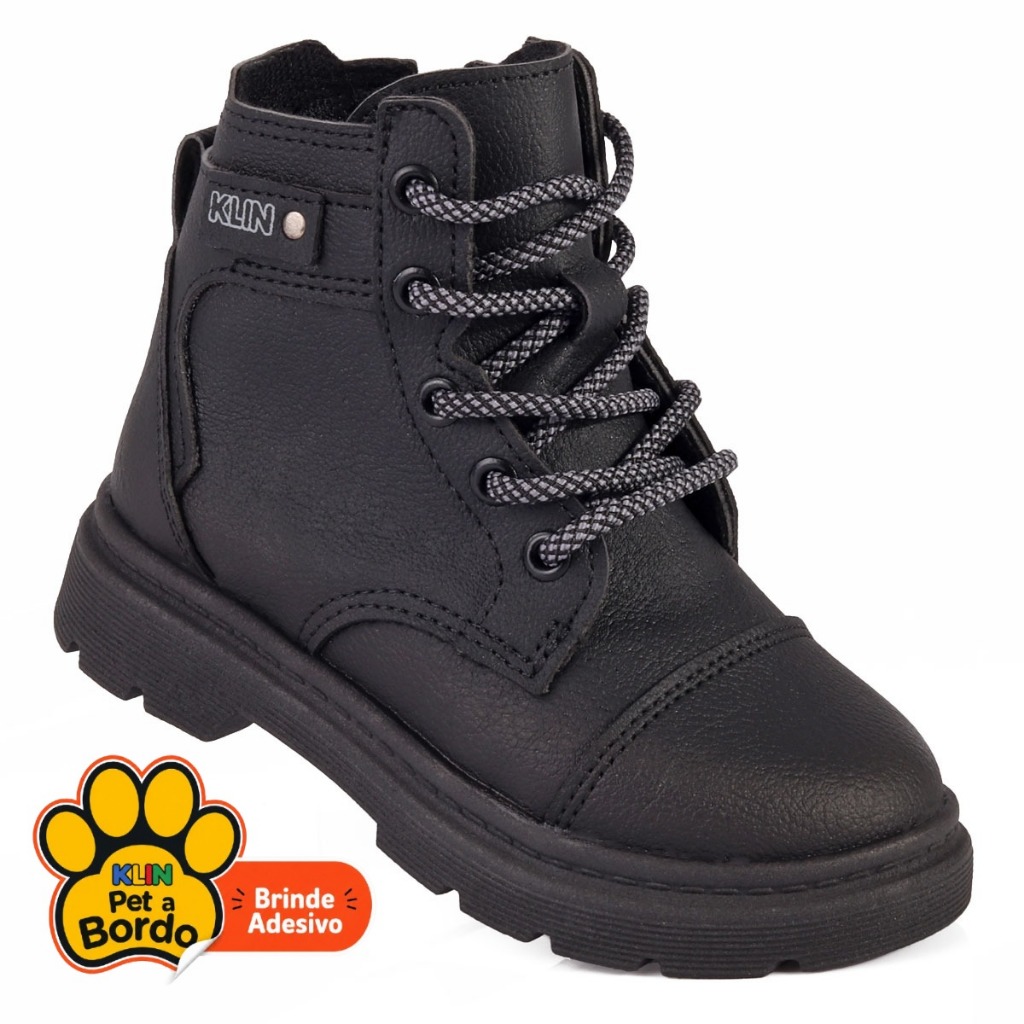 Bota Coturno Tratorado Infantil Masculino Klin London Preta com Zíper e Cadarço Leve Anatômico