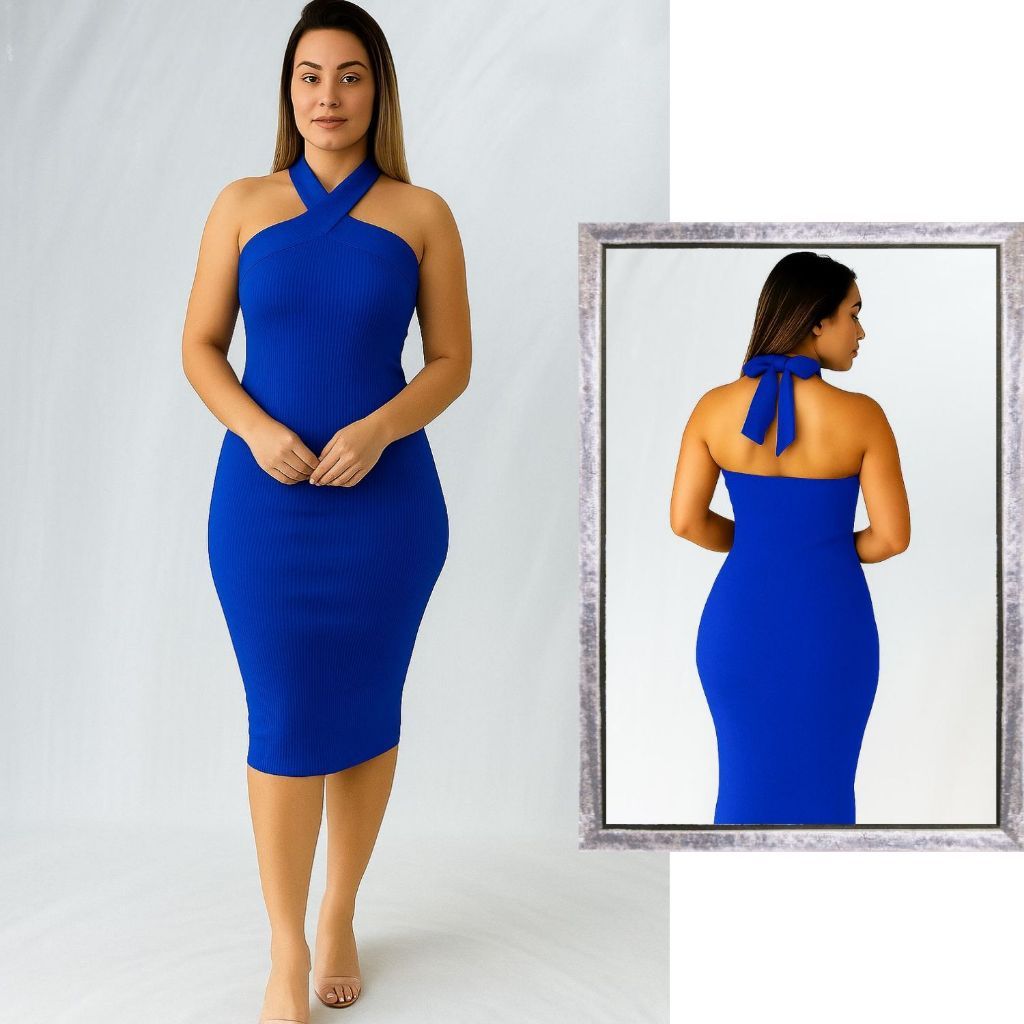 Vestido Feminino Midi Gola Transpassada Moda Verão