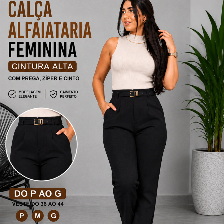 Calça Alfaiataria Feminina Premium Cintura Alta com Prega, Zíper e Cinto | Social Elegante P ao G