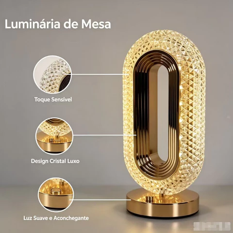 Luminária de Mesa Lâmpada Touch Quarto Luxuosa Cristal Acrílico 3 Tons de Led