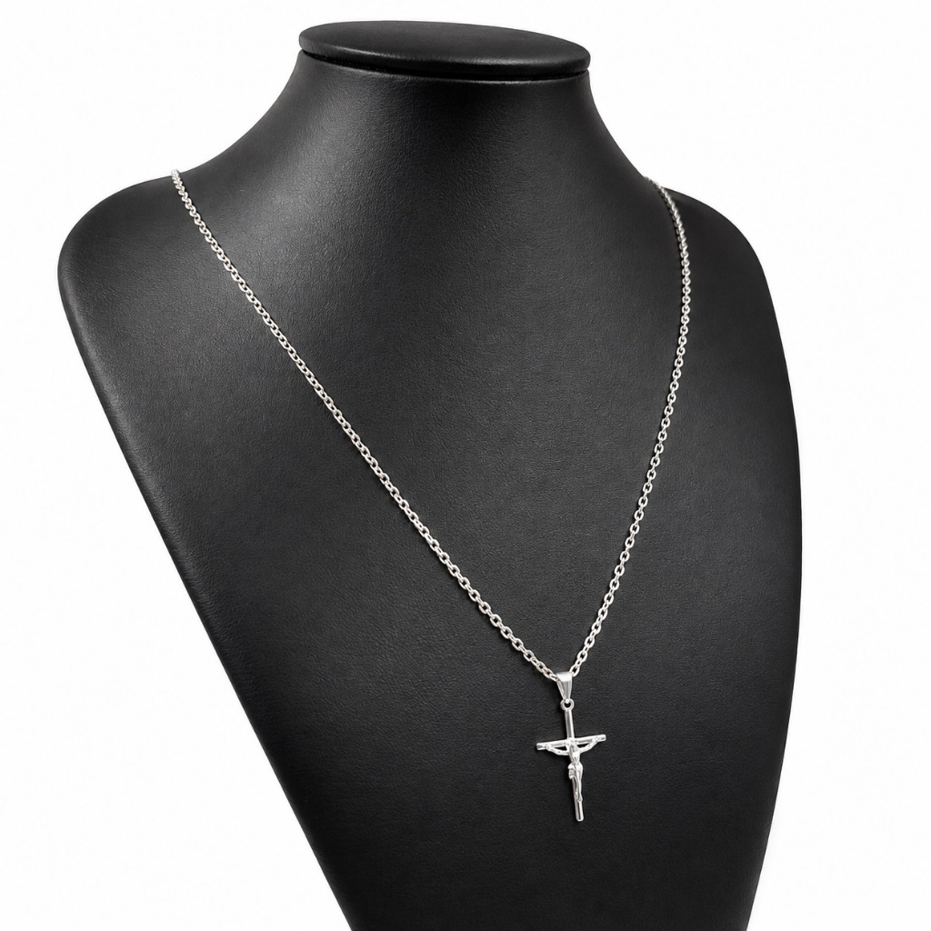 Cordão Corrente Cadeado Masculino Prata 925 Legítima 70cm 2mm + Pingente Cruz Crucifixo Jesus Cristo