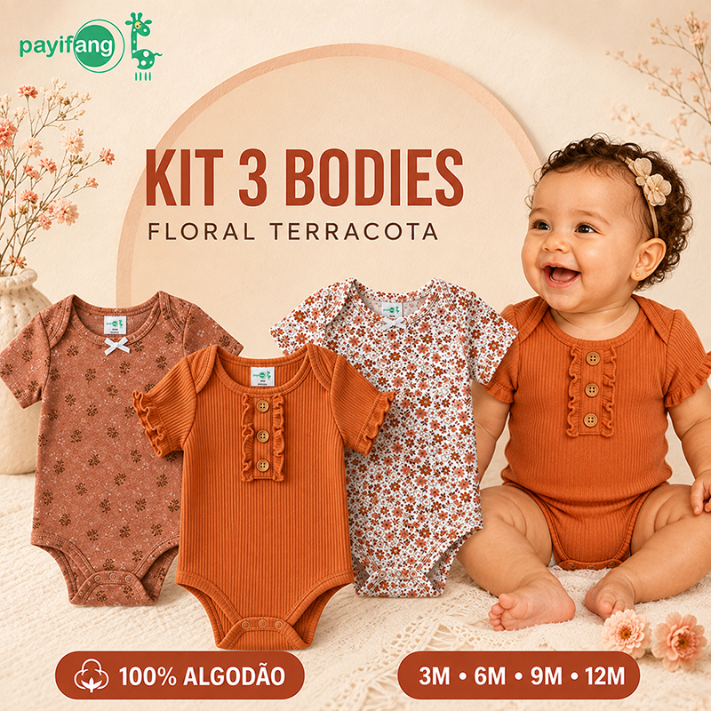 Payifang Kit 3 Bodies Bebê Menina Manga Curta Floral Terracota 100% Algodão 3M 6M 9M 12M