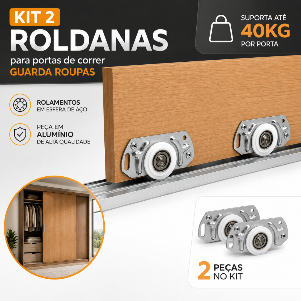 Kit 2 Roldanas Porta de Correr até 40kg Guarda Roupa Rolamento Aço 32mm Com Parafusos