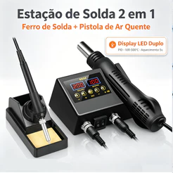 Estação de Solda 2 em 1 com LED Duplo - 100-500°C, 600W/60W, Controle PID, Inclui 5 Pontas e Acessórios
