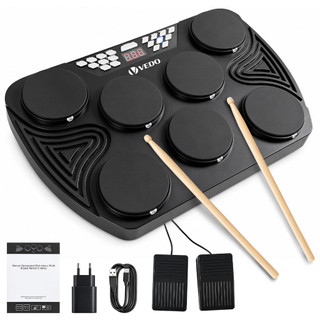 Bateria Eletrônica Portátil 7 Pads com LED, Sensor de Pressão, Gravação, USB MIDI, Bateria Recarregável 1800mAh