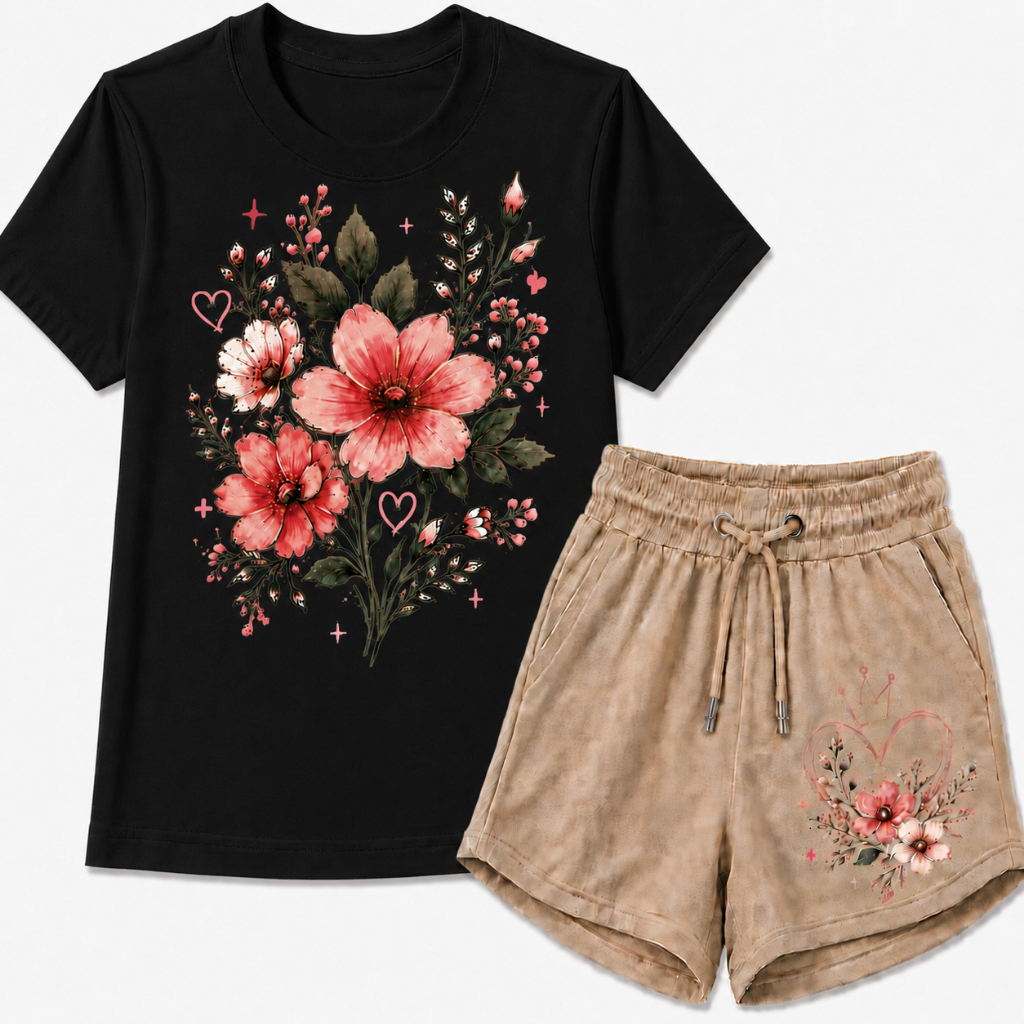 CONJUNTO INFANTIL FEMININO DE BERMUDA MOLETINHO COM CAMISETA ESTAMPA FLORIDA