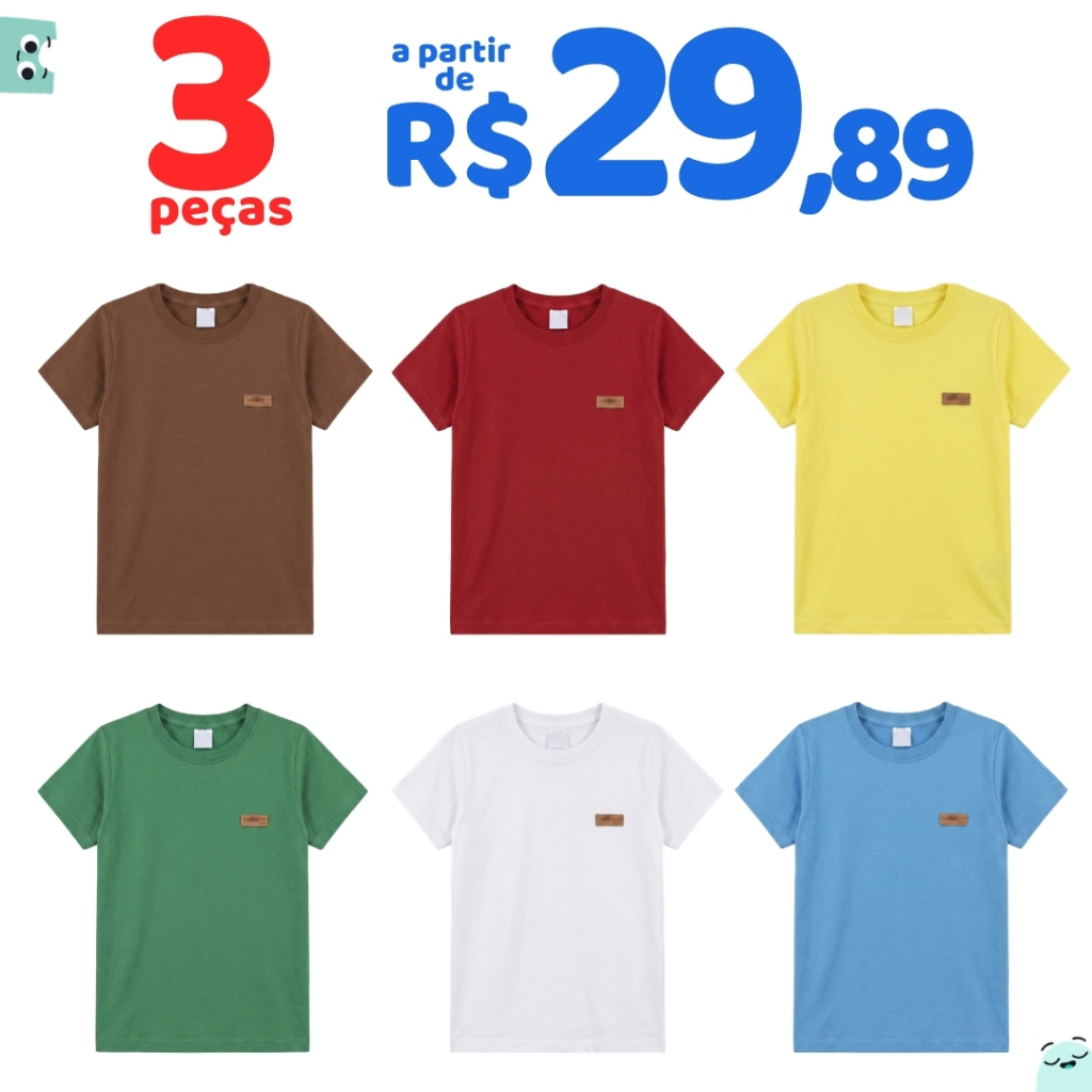 Kit 3 Camisetas Básicas Sortidas Menino Infantil Manga Curta Verão Lisas