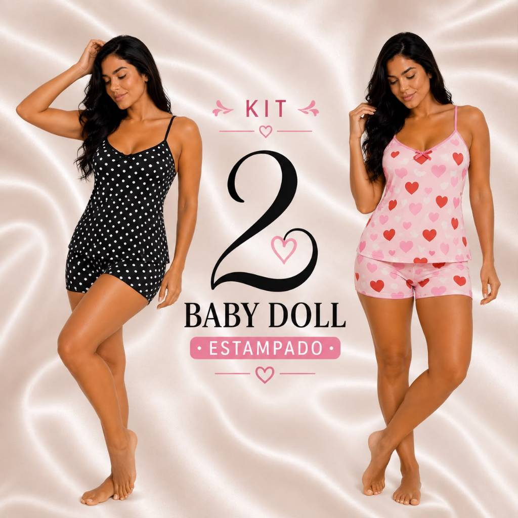 2 Conjuntos de Baby Doll Adulto Estampado Short Doll Feminino Conforto e Qualidade.