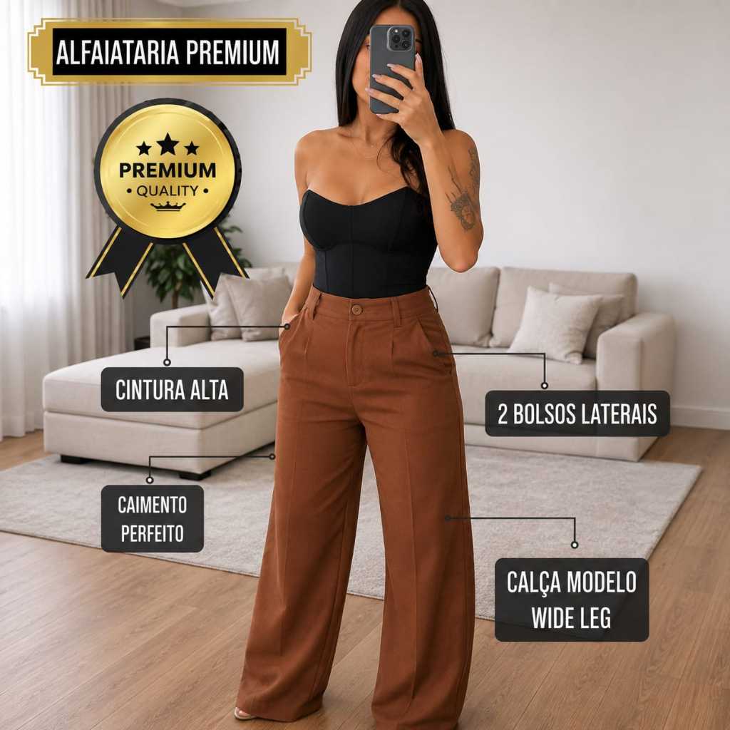 CALÇA SOCIAL WIDE LEG PANTALONA ALFAIATARIA PREMIUM com bolso , cintura alta social
