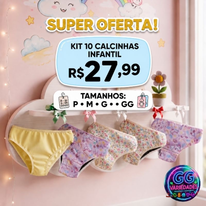 Kit 10 calcinhas infantis estampadas 100% algodão Menina Confortável ideal para desfralde