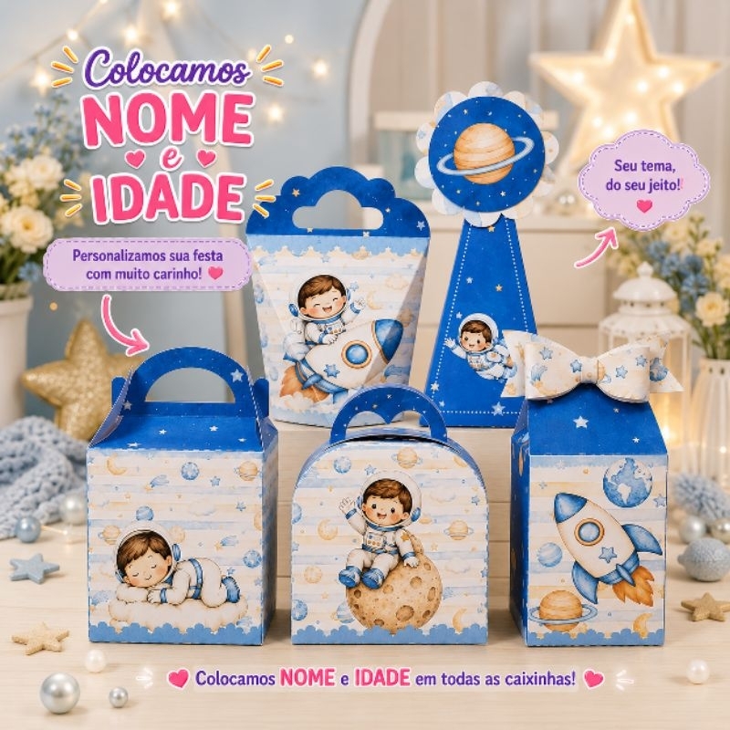 Caixinhas Personalizadas Astronauta "Pegue e Monte" - Kit Aniversario Lembrancinha