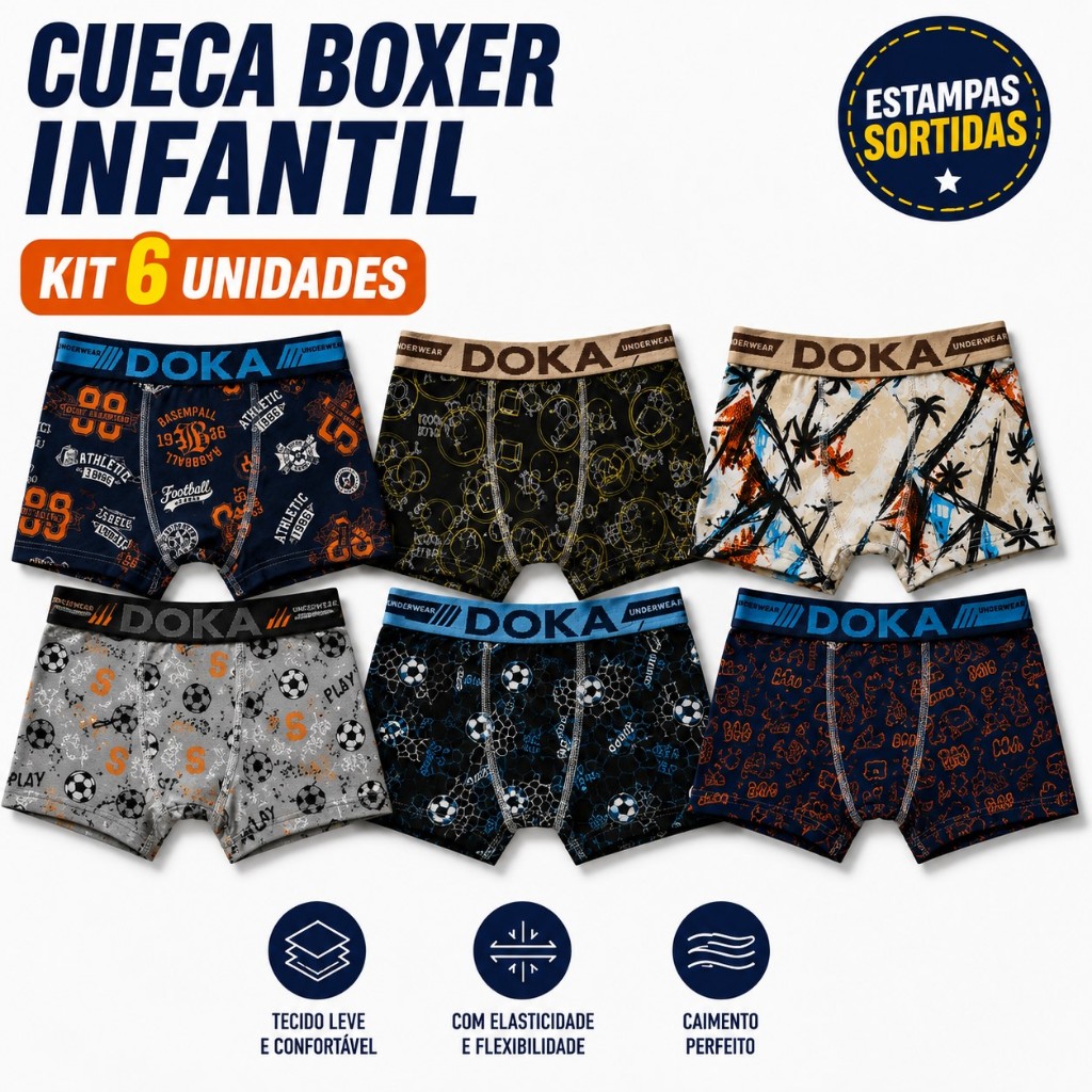 Kit 6 Unidades Cueca Boxer Infantil Juvenil Estampada Menino Cós Elástico Estampas Sortidas