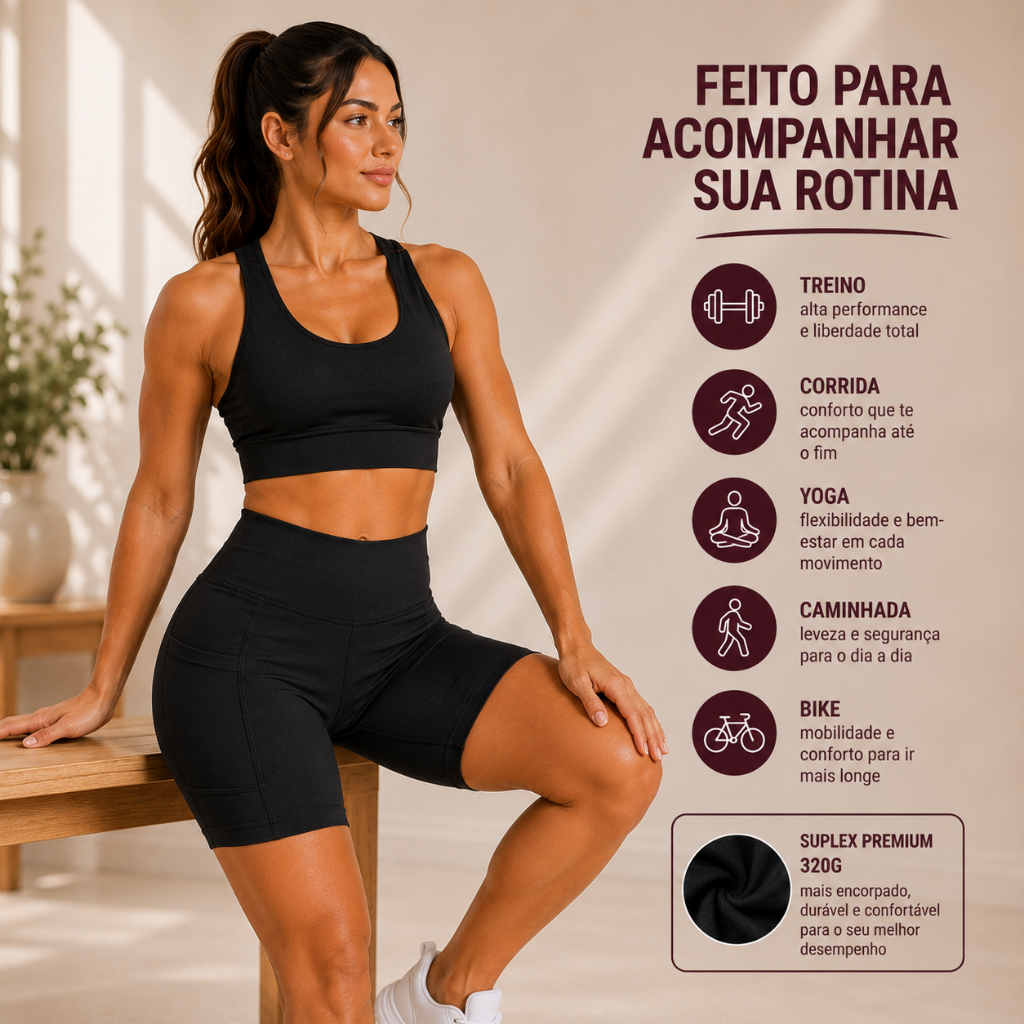 Conjunto Fitness Feminino Top Gola Redonda e Bermuda Ciclista com Bolso Suplex Academia