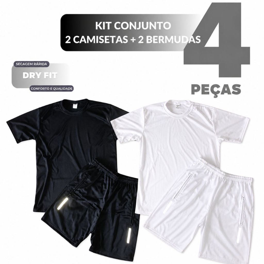 Kit 2 Camiseta + 2 Bermuda Masculina Dry Fit / Shorts Masculina Academia - Lançamento