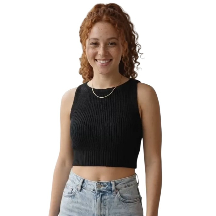 Blusa Feminina Cropped Em Tricô Top Regata Gola Redonda Elegante