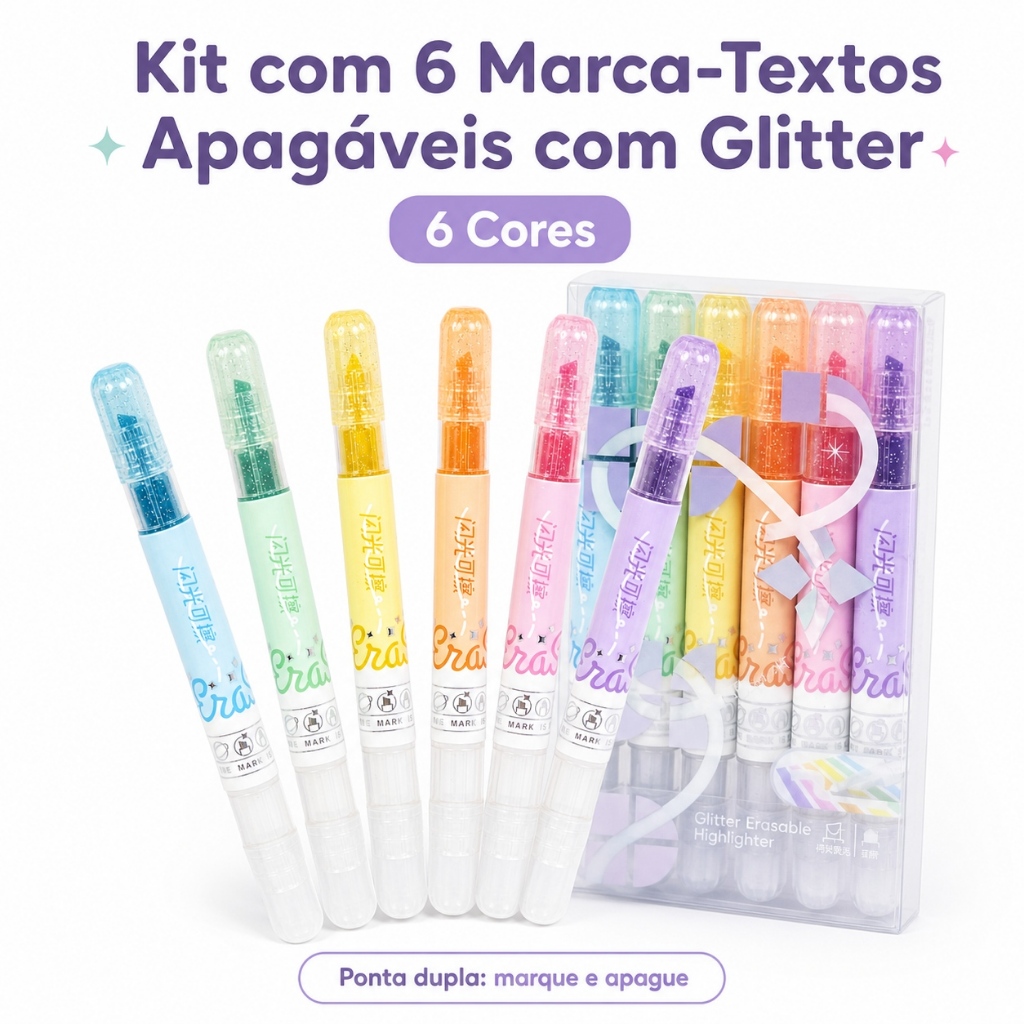 Kit 6 Marca-Textos Apagáveis com Glitter, Ponta Dupla, 6 Cores para Estudo e Lettering