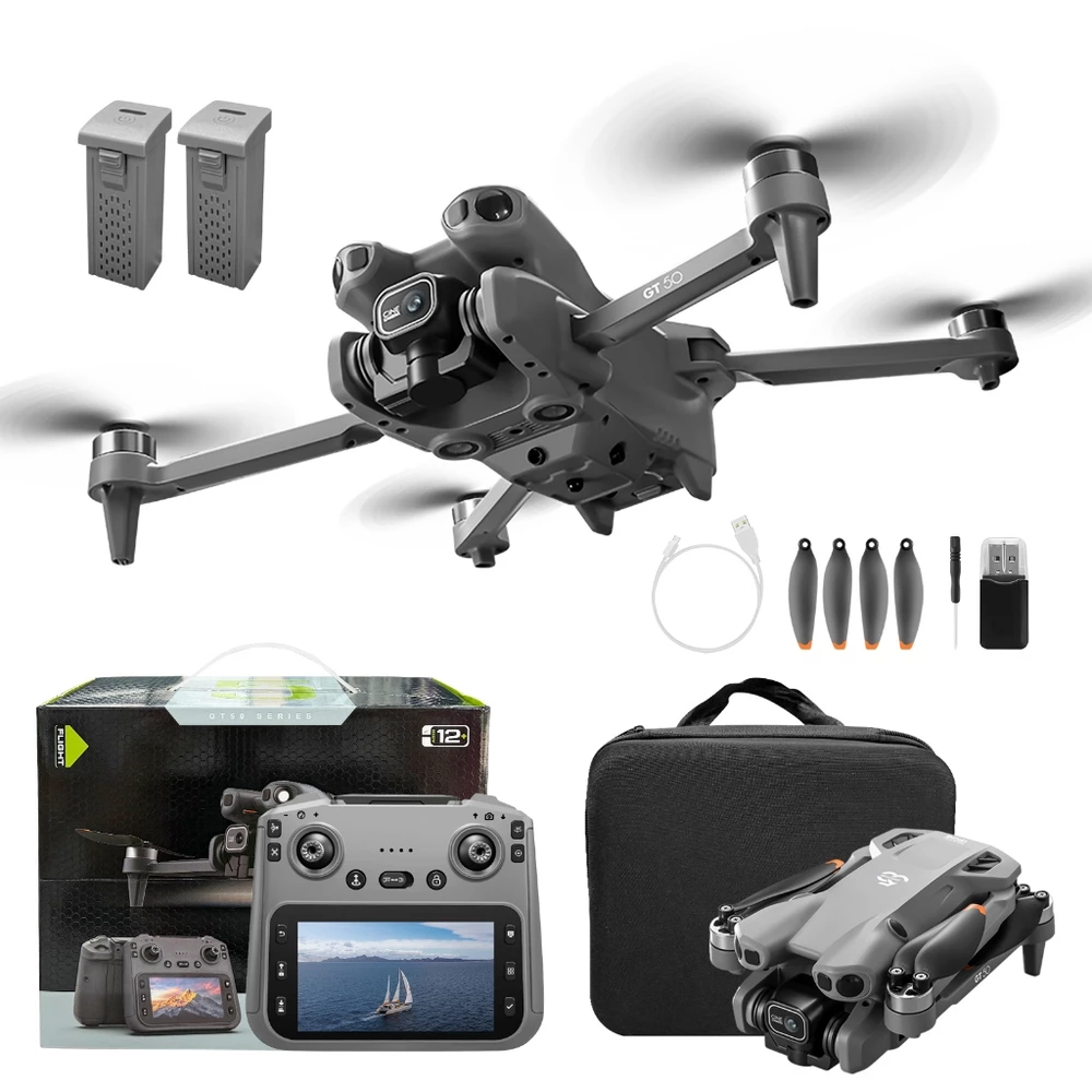 Drone GT50 Com Câmera 4K HD-Controle Remoto Com Tela 5,64", Motores Brushless-Desvio de Obstáculos-2 Baterias Transporte