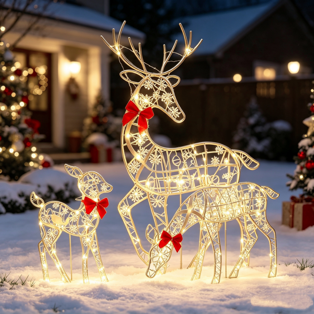 Conjunto 3 Renos de Natal Luminosos com Glitter Ferro Artesanal Decoração Festiva Interna e Externa-N8