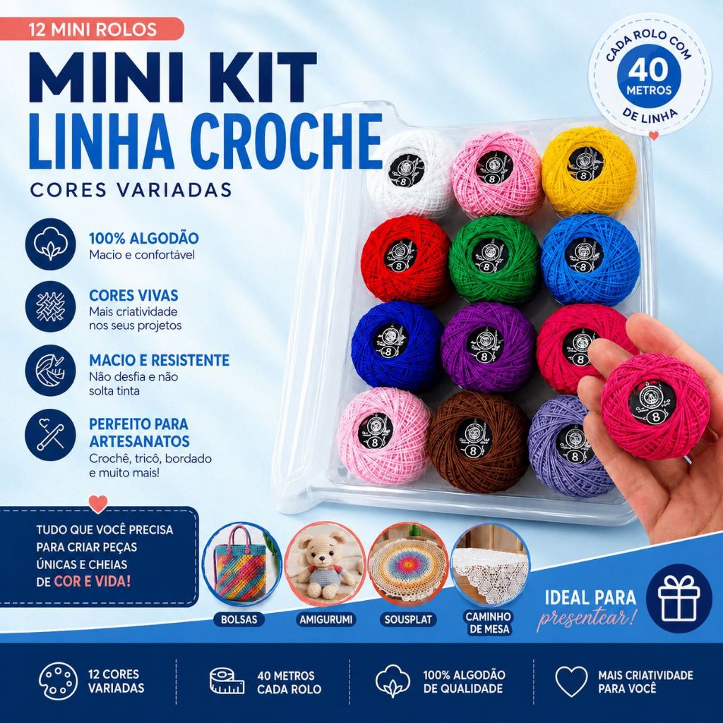 Kit 12 Linhas para Crochê 40 Metros 100% Algodão Cores Variadas Artesanato Tricô Bordado Costura -NY