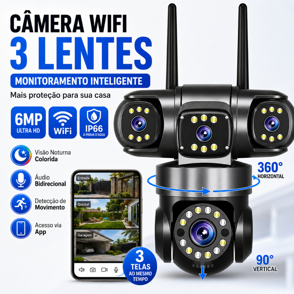 Câmera de Segurança WiFi 3 Lentes 6MP 360° PTZ IP66 Visão Noturna Áudio App