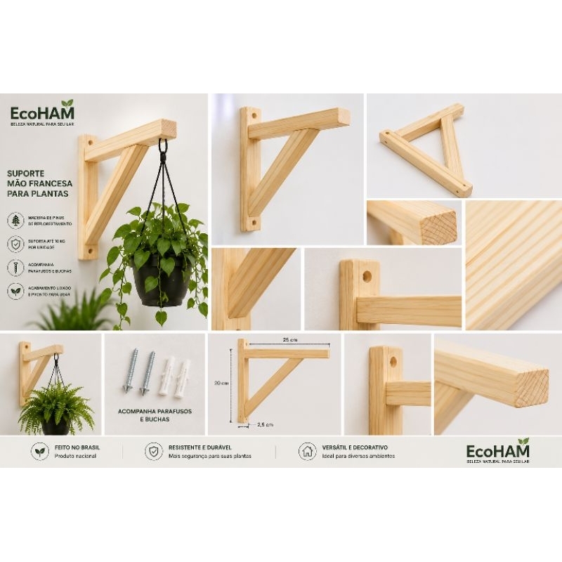 10 Suporte para Plantas de Parede em Madeira Pinus Mão Francesa para Vaso Pendente Jardim Decoração