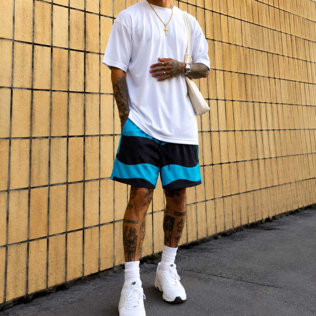 Shorts Tactel Masculino Estampado Faixa onda Bermuda Listra Ondular Elastano Streetwear Masculina Treino