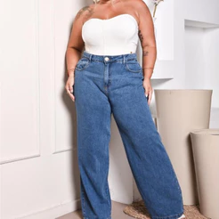 Calça Jeans Feminina Marmorizada Wide Leg Pantalona Plus Size