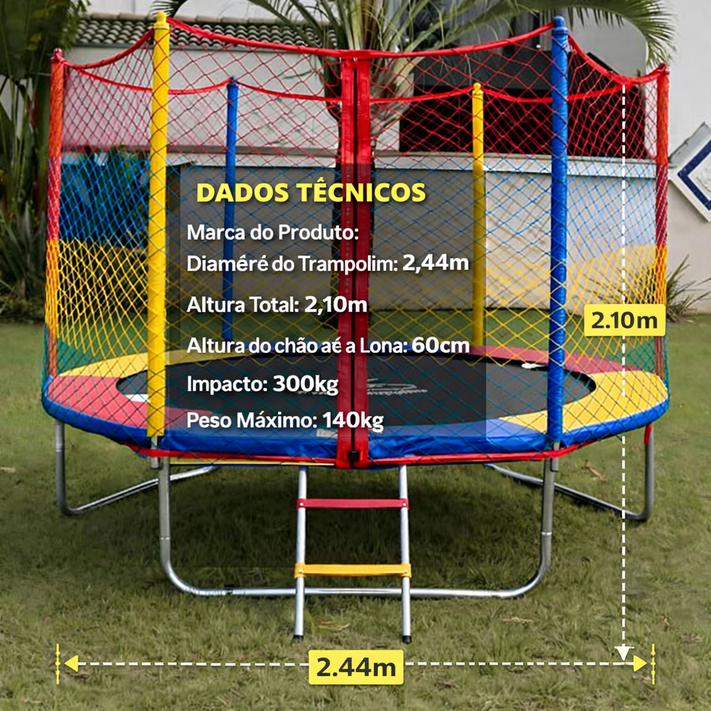 Cama Elástica Pula Pula 2,44m Henri Trampolim Evolution Preta Rede Proteção Zíper Escada — imagem 2 de 2