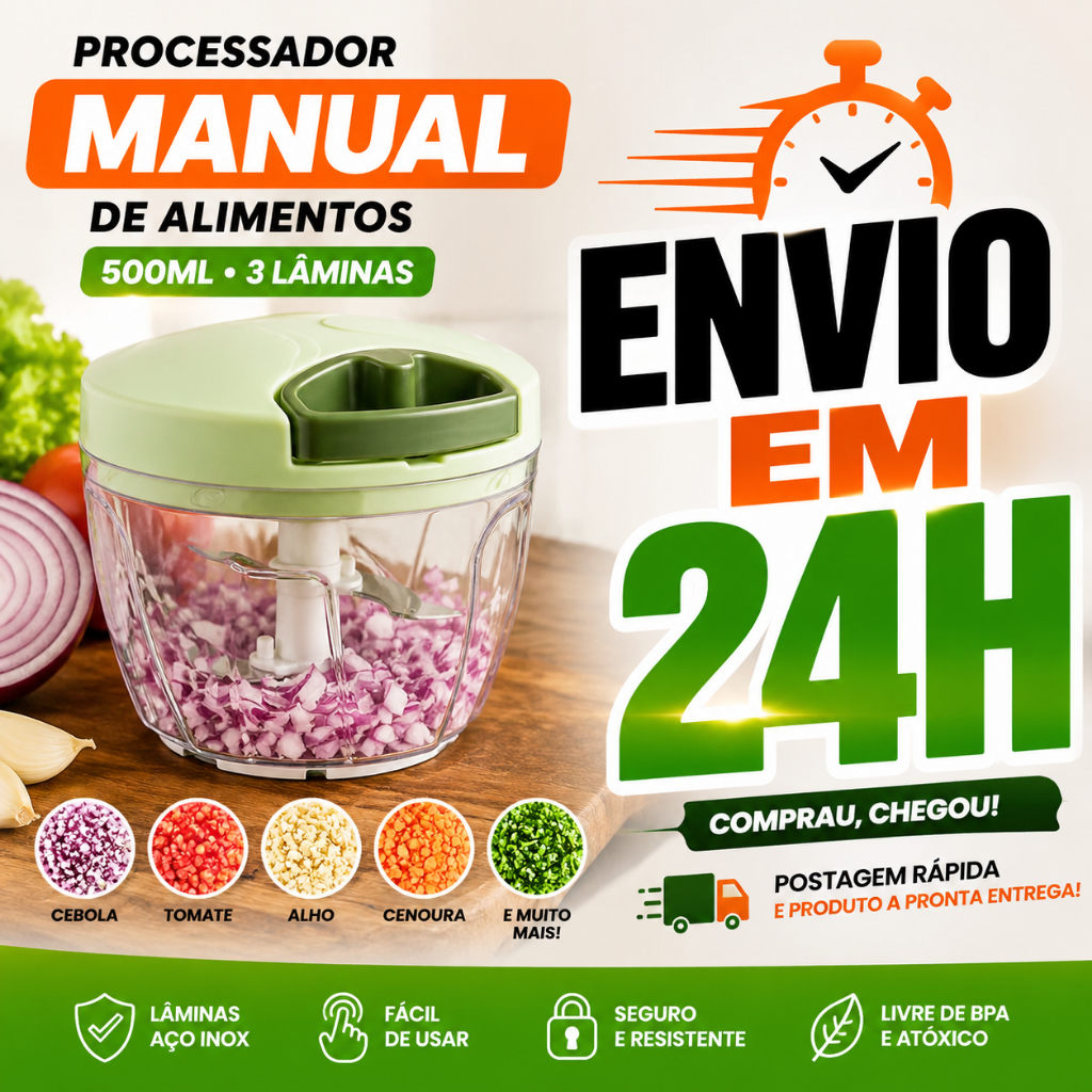 Processador Manual de ALimentos 500 ml 3 lâminas  inox Triturador Picador