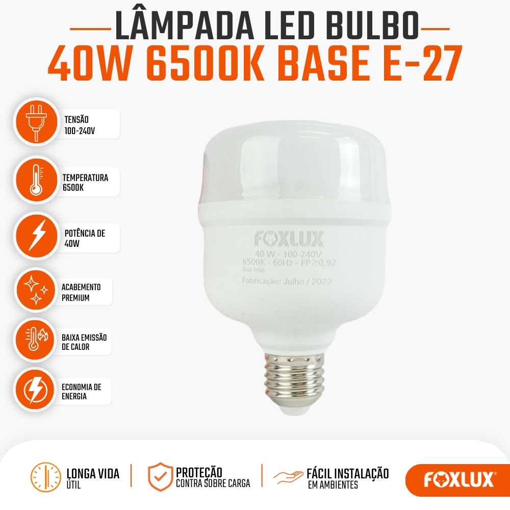 Lâmpada Led Alta Potência 40W Foxlux 6500K Branca Fria E-27