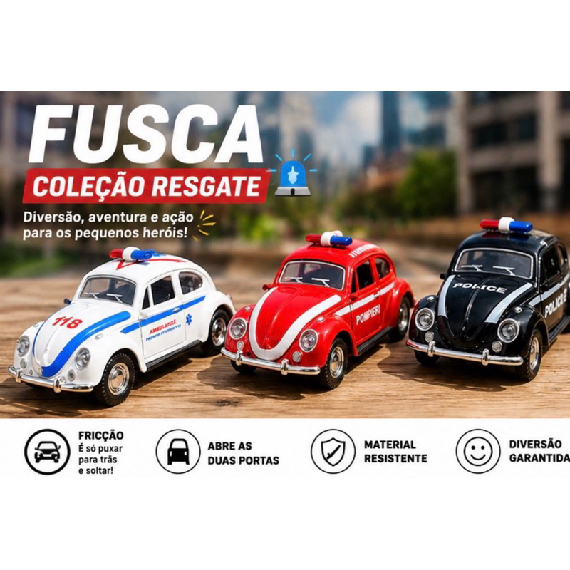 Mini Fusca Colecionável Ambulância Bombeiro Polícia Fricção 3 Modelos